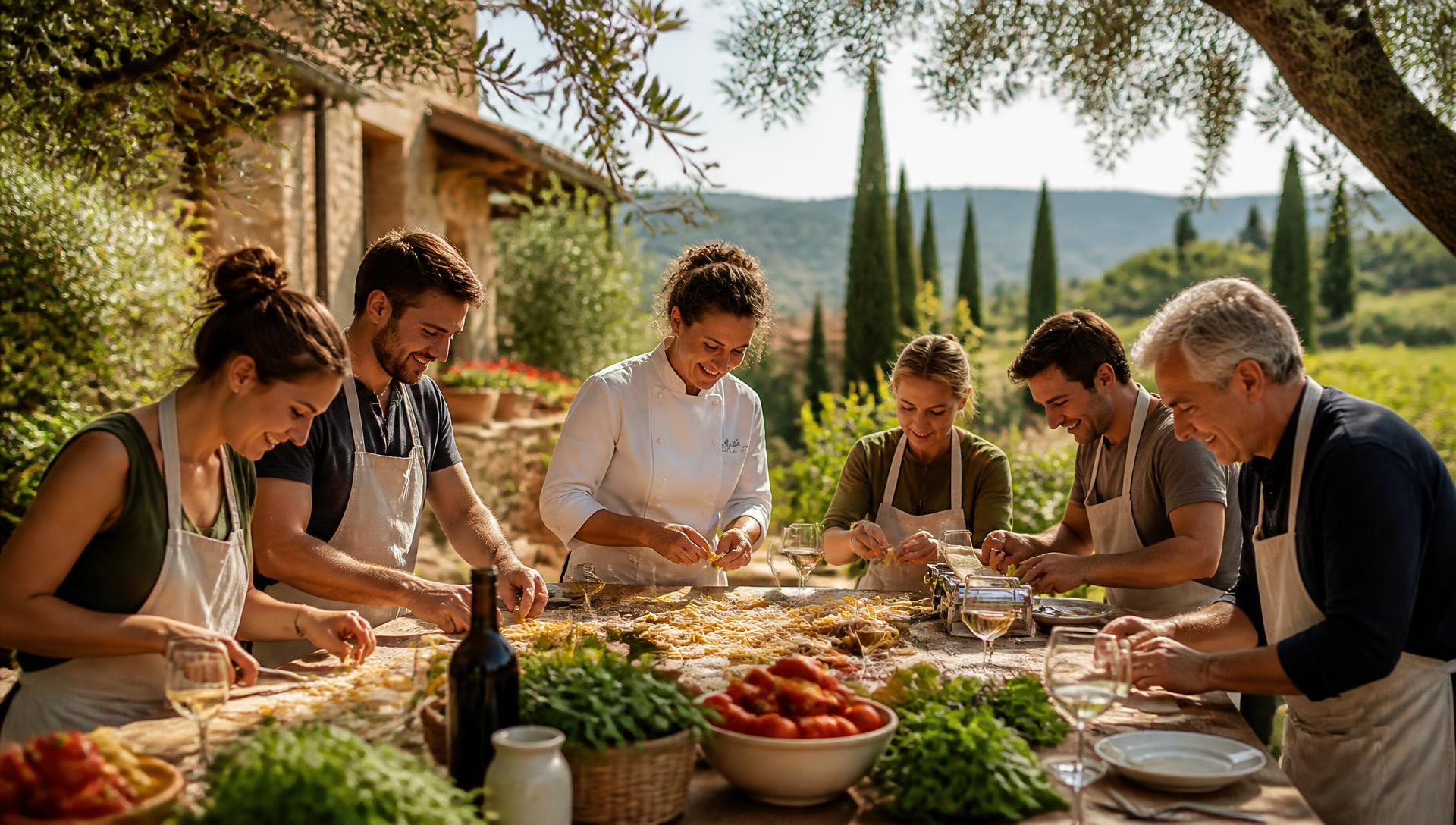 Outdoor Italian culinary masterclass in a sunlit Tuscan garden