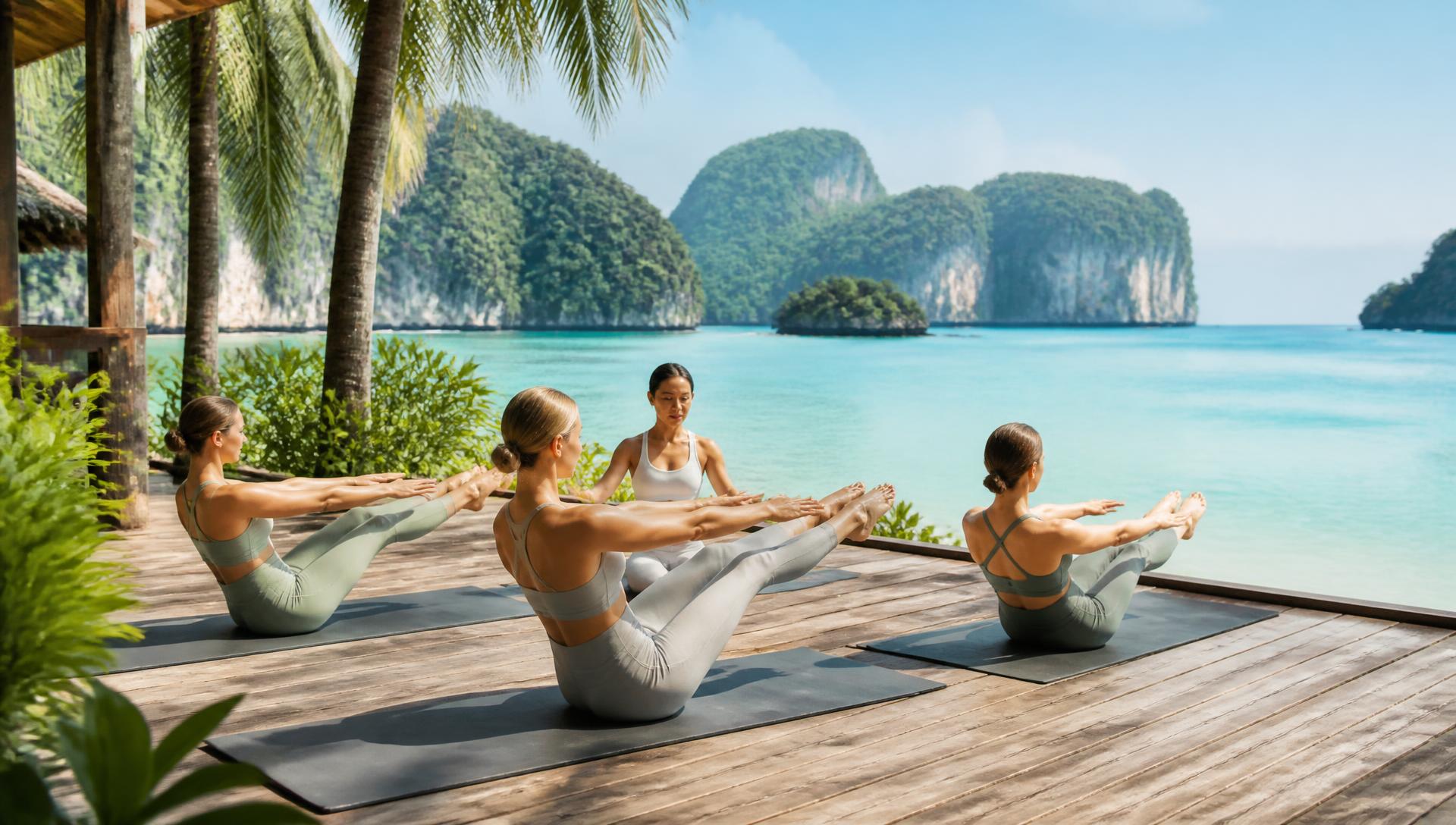 Outdoor pilates on a deck beside a turquoise bay in Thailand