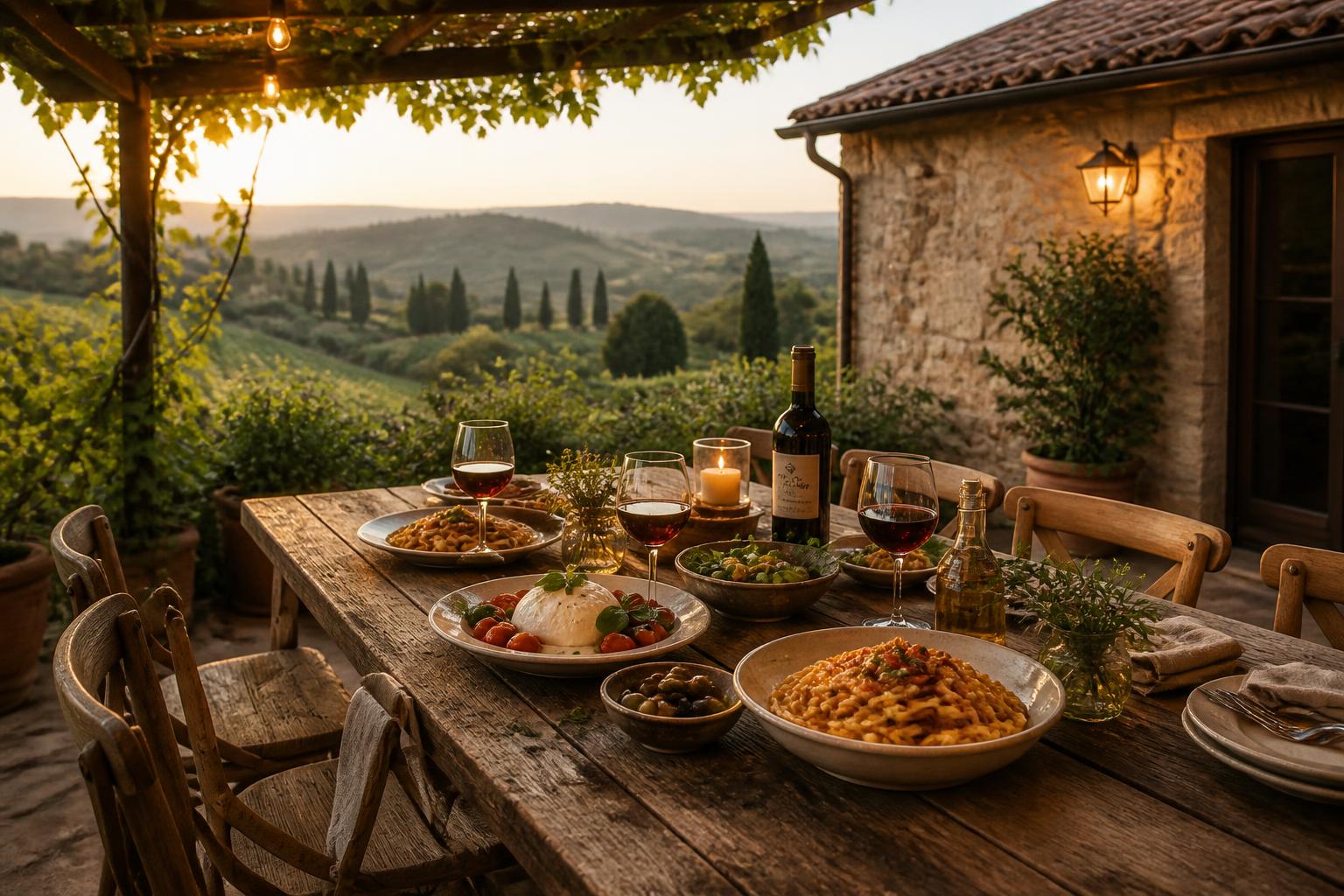 Long oak table on the terrace of a restored Italian farmhouse